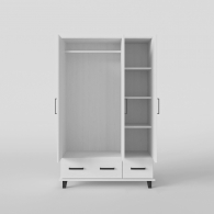 Skandinavská skříň dřevěná SVEG, bílá / šedá, třídveřová, zrcadlo, 2 zásuvky - 4