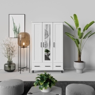 Skandinavská skříň dřevěná SVEG, bílá / šedá, třídveřová, zrcadlo, 2 zásuvky - 3